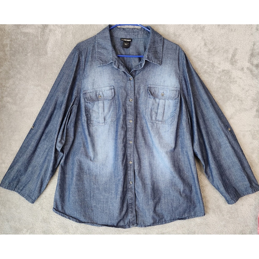 Lane Bryant Shirt Womens Size 22/24W Blue Cotton Chambray Roll Tab Button Down